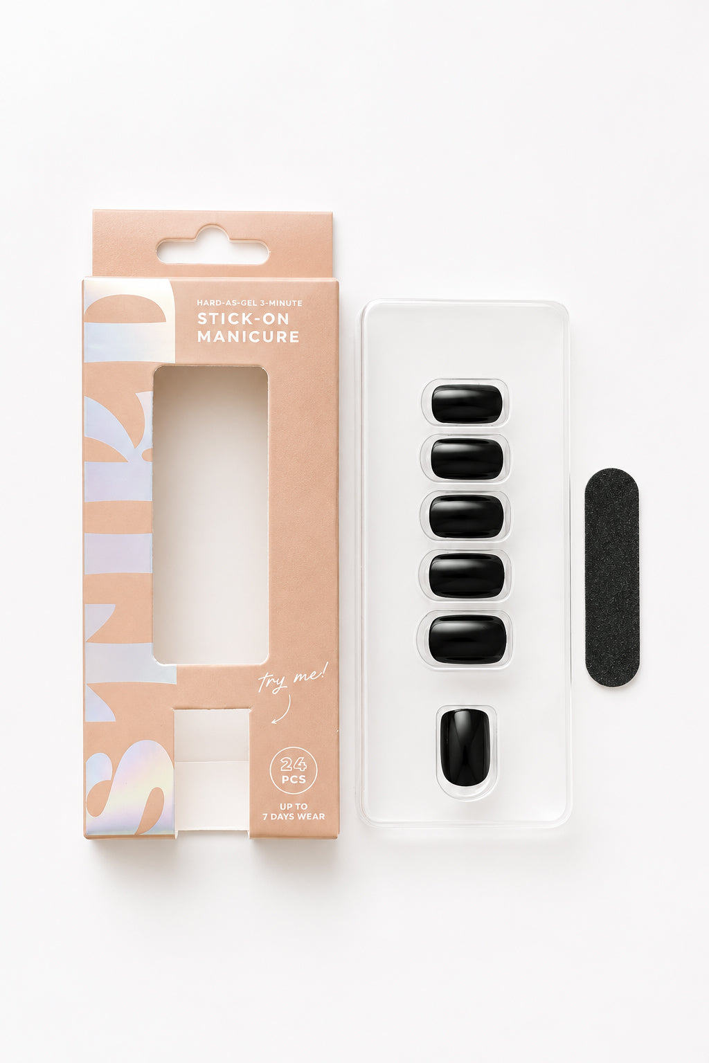 Black Tulip black press-on nails by STIKD, box opened with nail tray and mini file