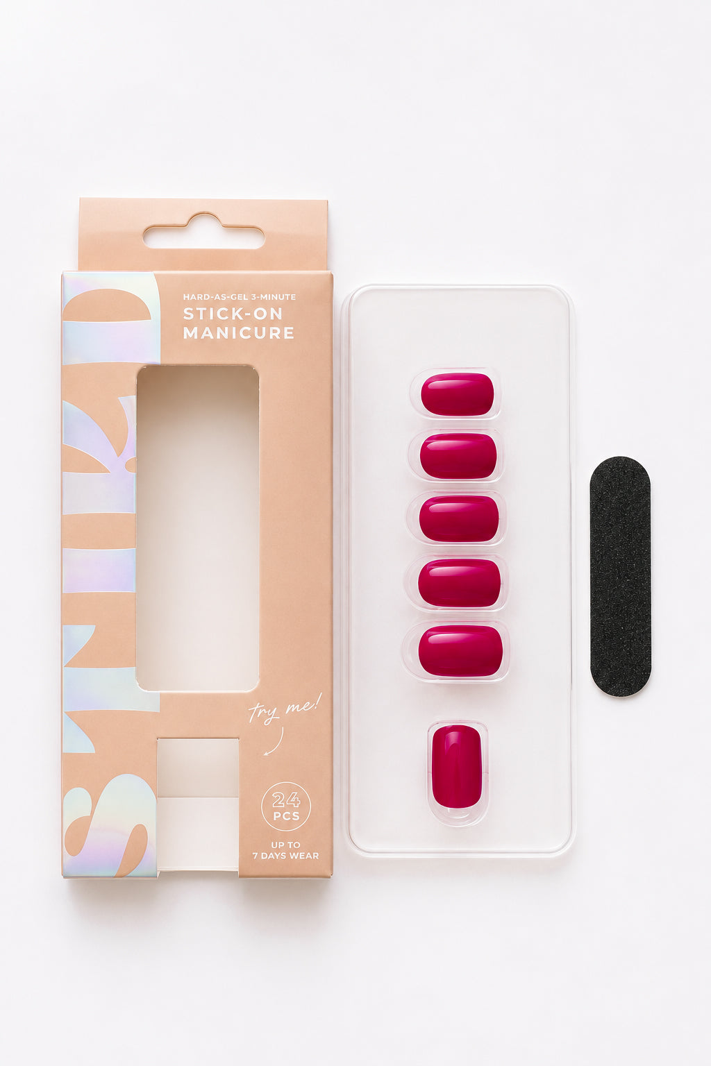 Bougainvillea berry pink press-on nails by STIKD, box opened with nail tray and mini file