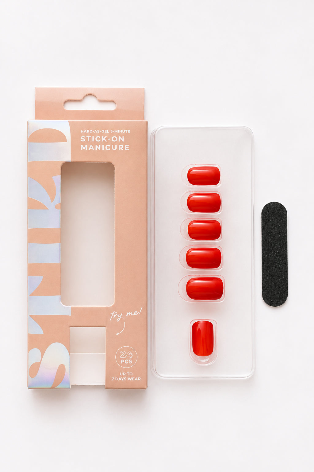 Geranium bright red press-on nails by STIKD, box opened with nail tray and mini file