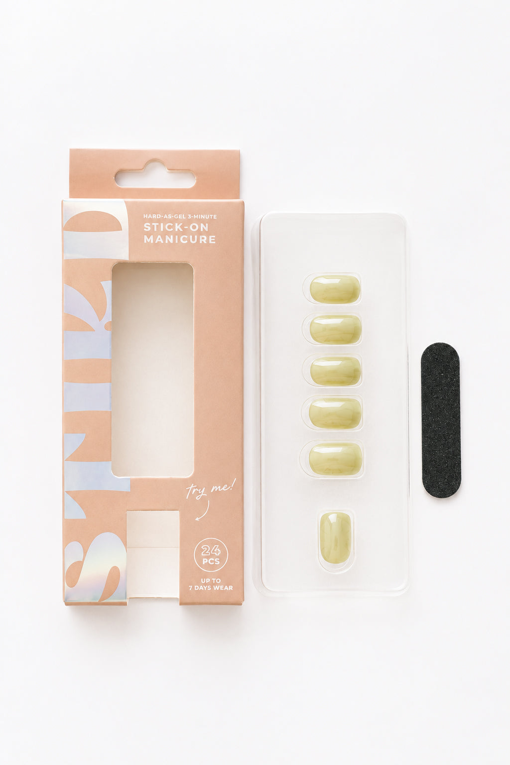 Olive Leaf olive green press-on nails by STIKD, box opened with nail tray and mini file