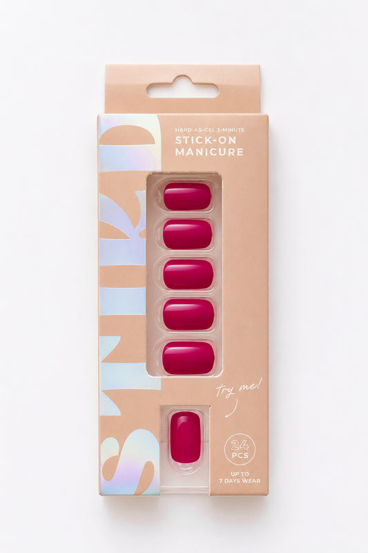 Bougainvillea berry pink short press-on nails by STIKD in retail box