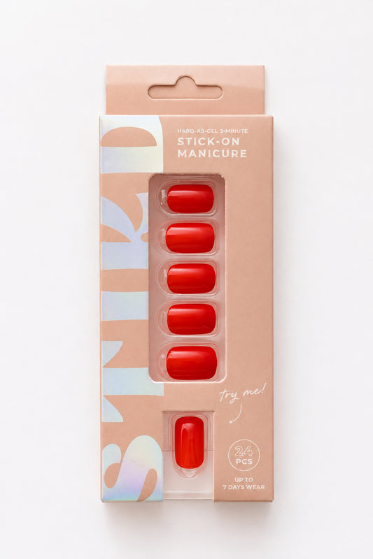 Geranium bright red short press-on nails by STIKD in retail box
