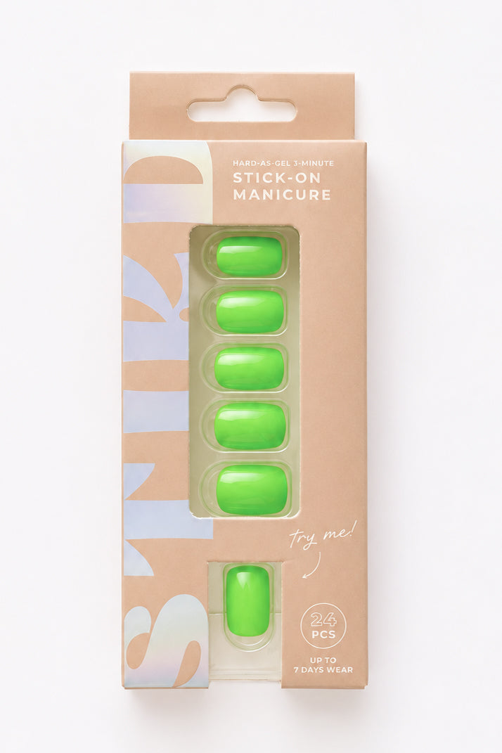 Lime Leaf green short press-on nails by STIKD in retail box