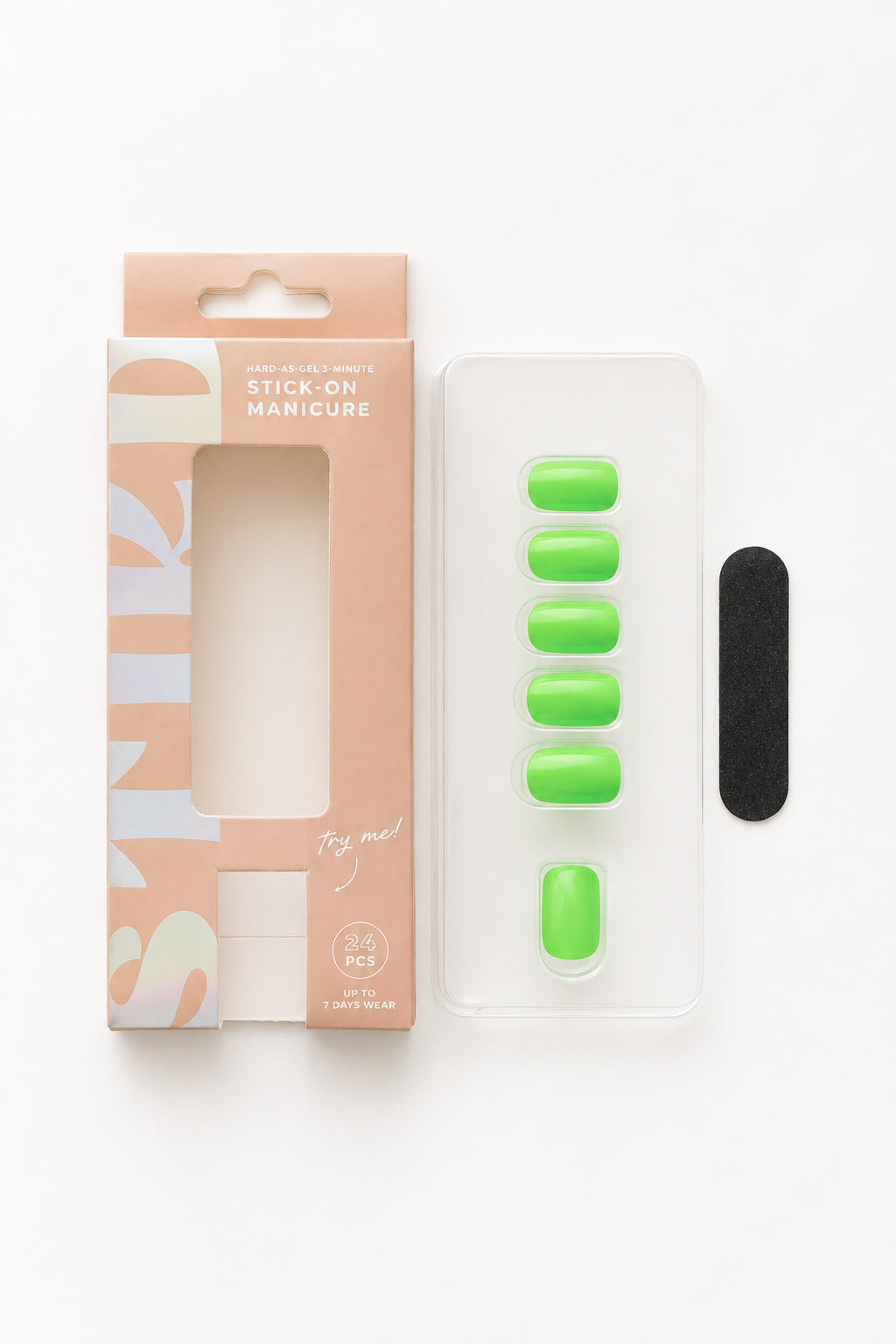 Lime Leaf green press-on nails by STIKD, box opened with nail tray and mini file