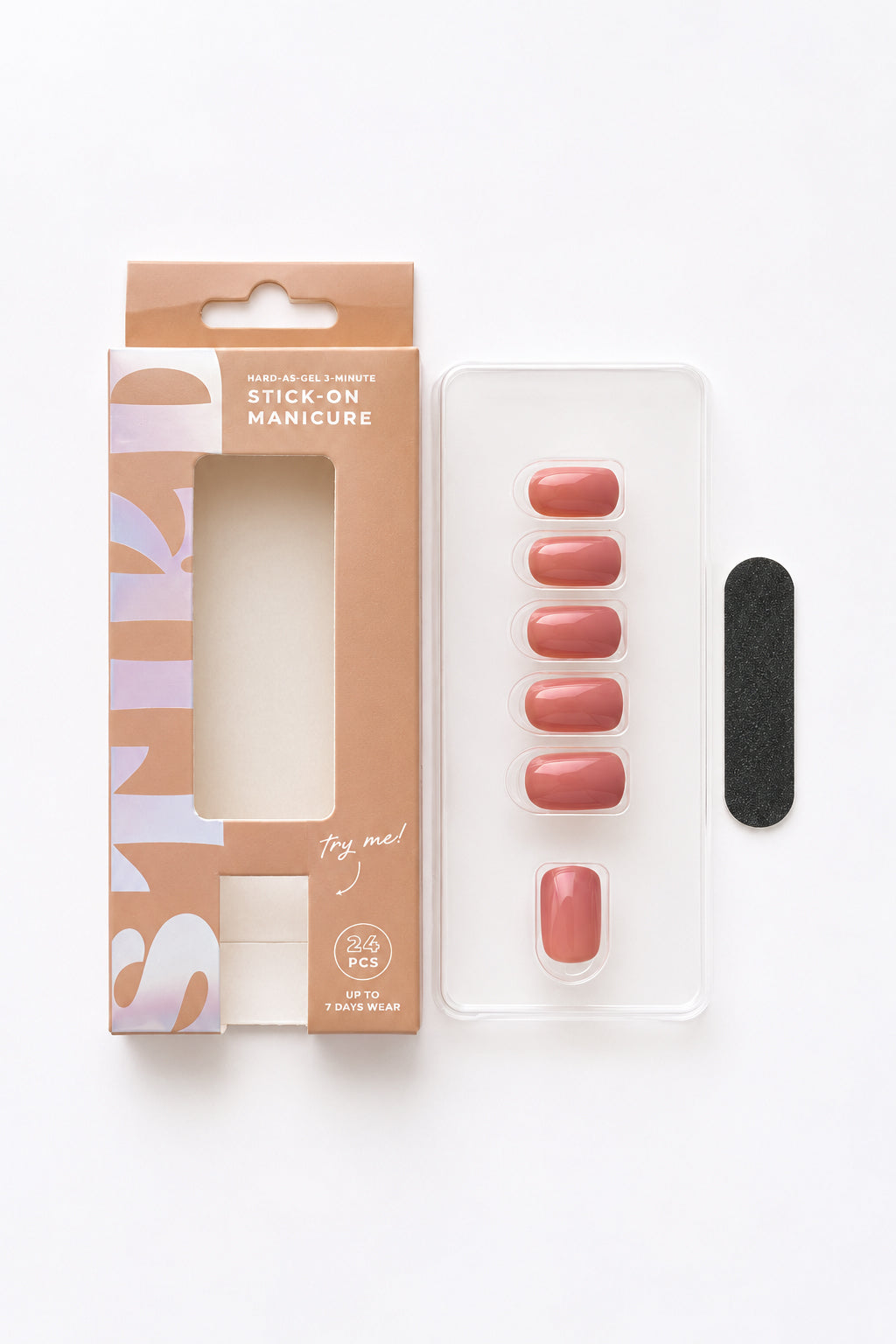 Mauve Orchid mauve pink press-on nails by STIKD, box opened with nail tray and mini file