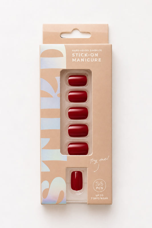 Merlot Rose wine red short press-on nails by STIKD in retail box