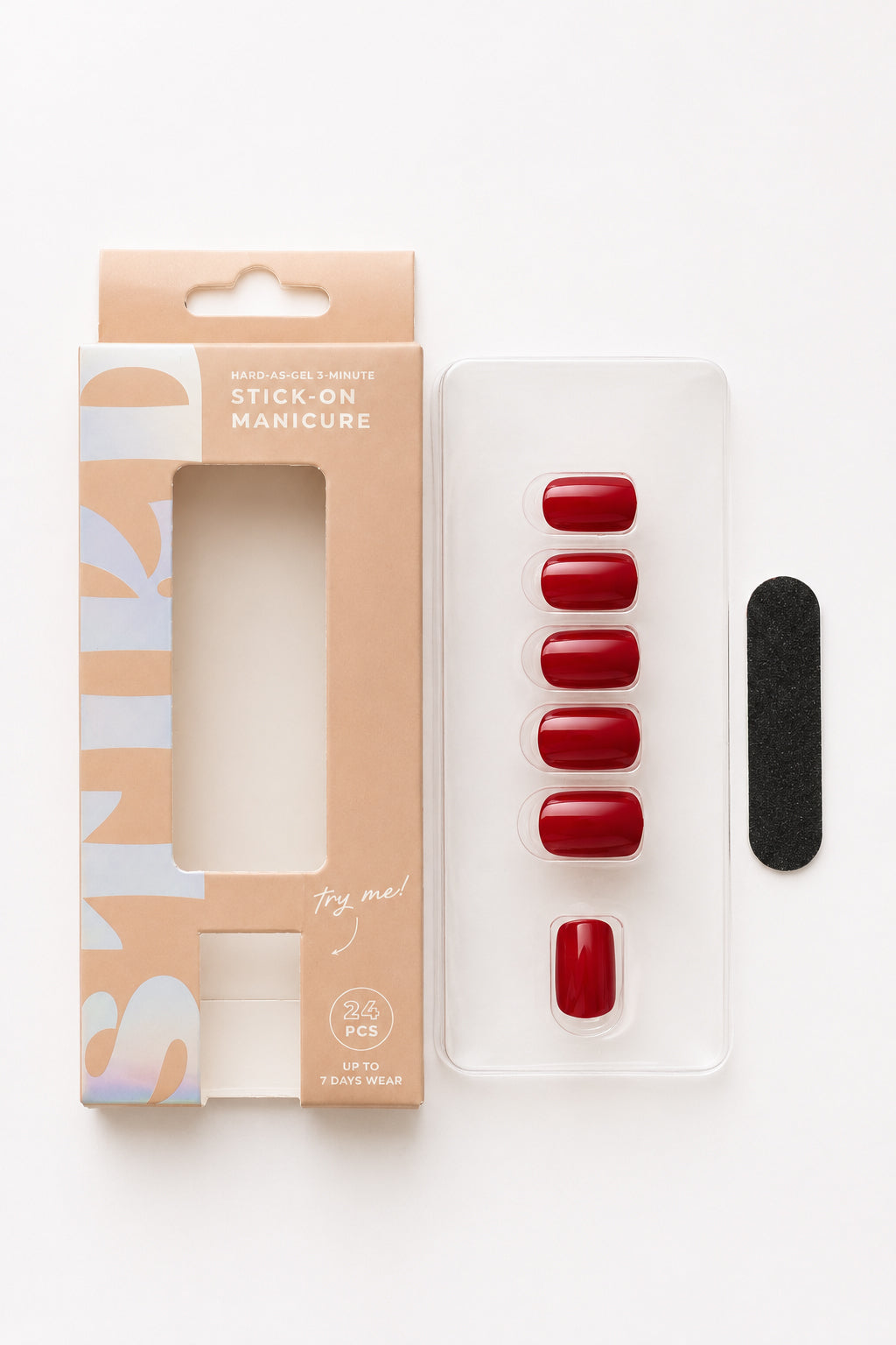 Merlot Rose wine red press-on nails by STIKD, box opened with nail tray and mini file
