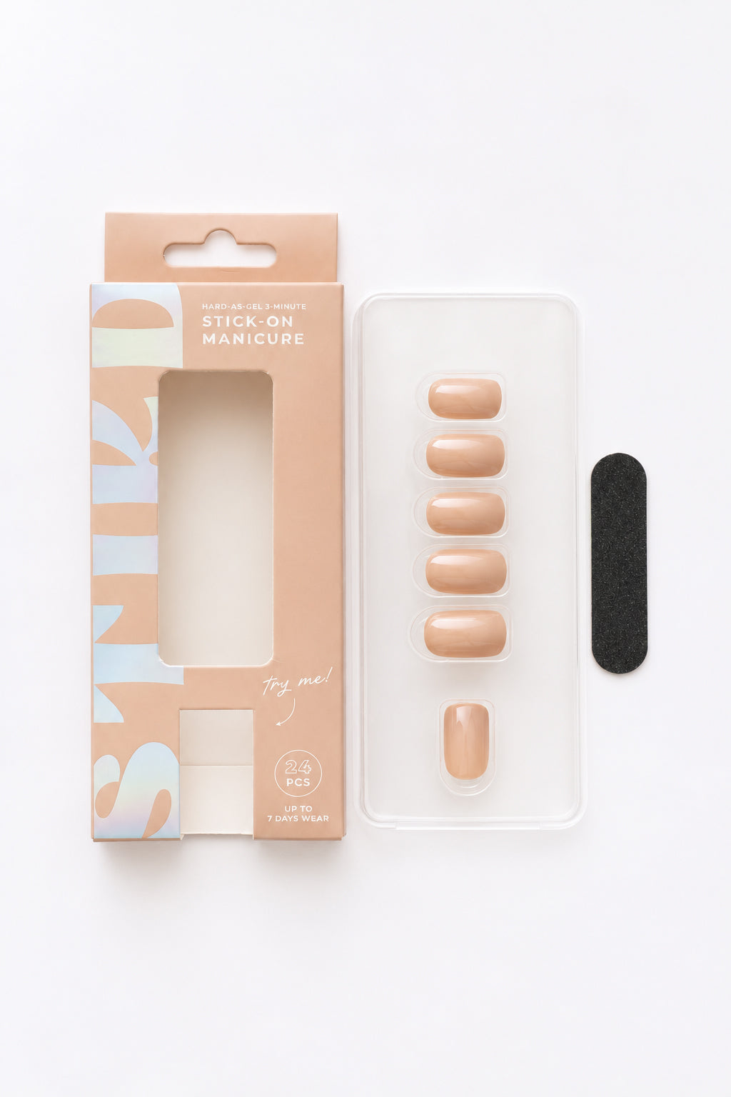 Mushroom taupe nude press-on nails by STIKD, box opened with nail tray and mini file