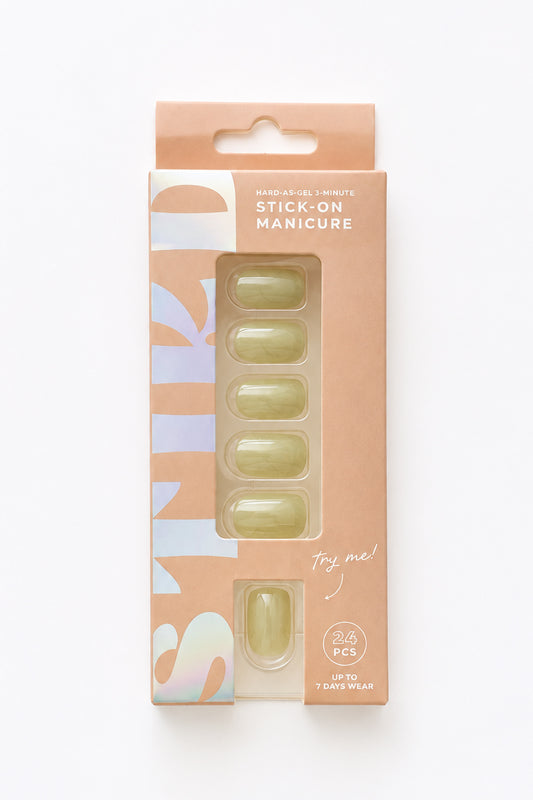 Olive Leaf olive green short press-on nails by STIKD in retail box